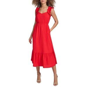 118$ Kensie Ruffled Sleeve A-Line Tiered Skirt Midi Dress Sleeveless Size 12 Red